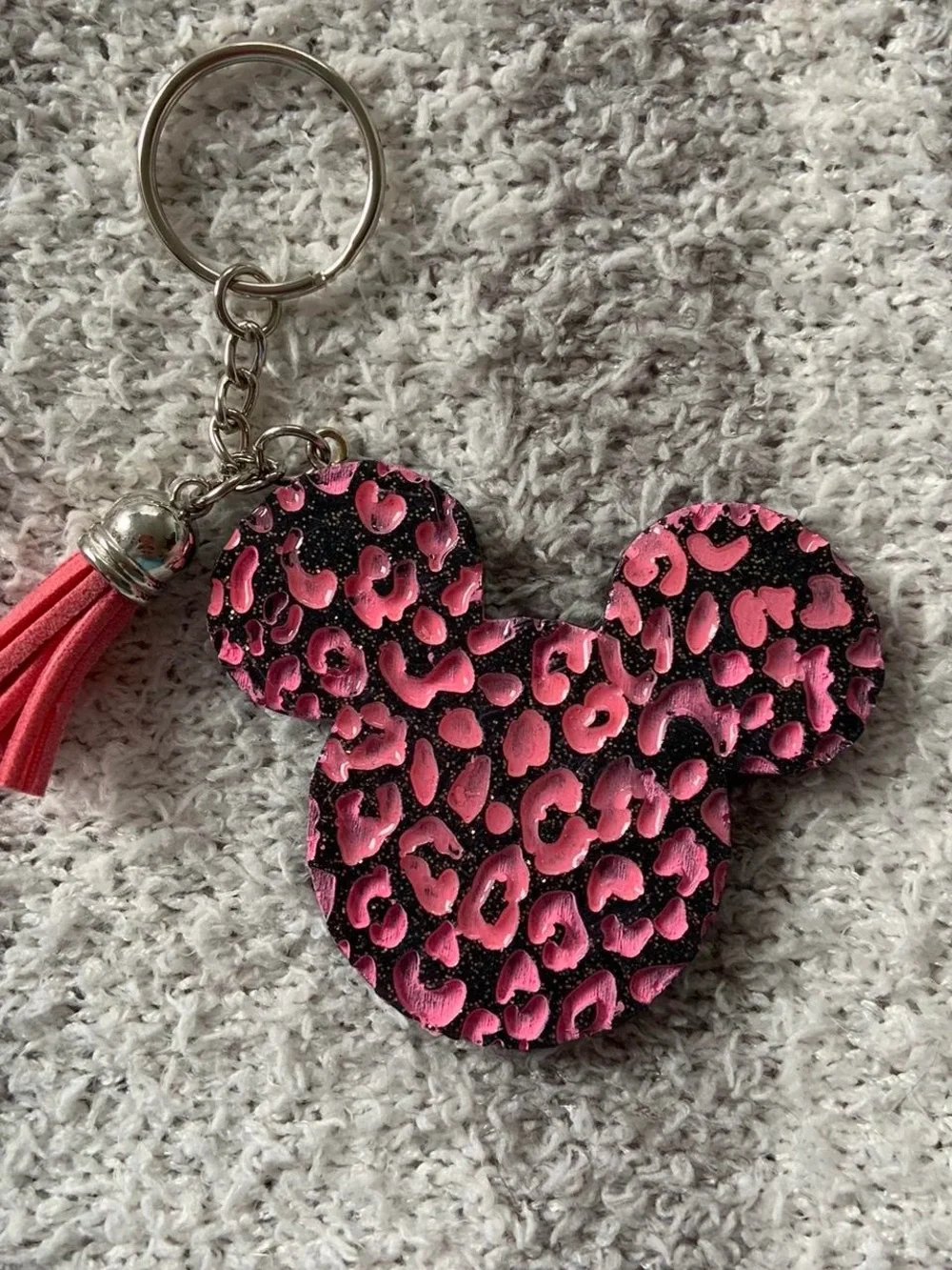 Pink Leopard Mickey Ears Keychain with Tassel - Women Accessories